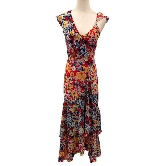 Lulus Ruby Red Floral Print Chiffon Maxi Dress XS Wedding Feminine Date Night - Picture 2 of 7